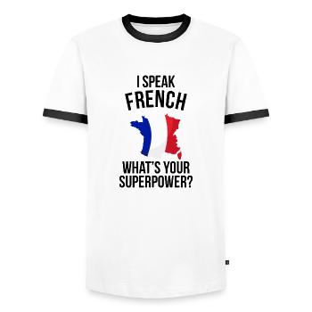 I SPEAK FRENCH WHATS YOUR SUPERPOWER - Men's Ringer Shirt - white/black - Front - AI Model Female 172 light (172cm) & AI Model Male 178 dark (178cm)