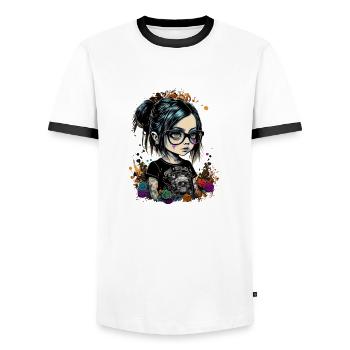 Little girl with gothic-style glasses - Men's Ringer Shirt - white/black - Front - AI Model Female 172 light (172cm) & AI Model Male 178 dark (178cm)