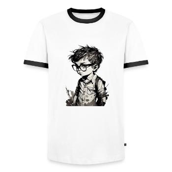 Boy with glasses at school one. - Men's Ringer Shirt - white/black - Front - AI Model Female 172 light (172cm) & AI Model Male 178 dark (178cm)
