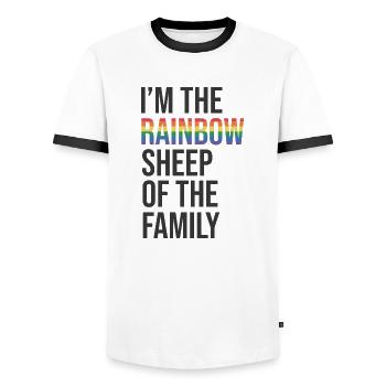 I ́m the Rainbow Sheep in the Family - Men's Ringer Shirt - white/black - Front - AI Model Female 172 light (172cm) & AI Model Male 178 dark (178cm)