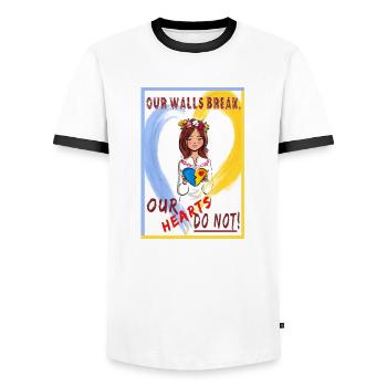 Ukraine: OUR WALLS BREAK, OUR HEARTS DO NOT! - Männer Kontrast-T-Shirt - Weiß/Schwarz - Vorne - AI Model Female 172 light (172cm) & AI Model Male 178 dark (178cm)