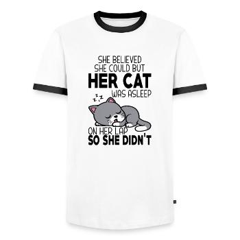 Sie glaubte, sie könne es, aber ihre Katze schlief - Männer Kontrast-T-Shirt - Weiß/Schwarz - Vorne - AI Model Female 172 light (172cm) & AI Model Male 178 dark (178cm)