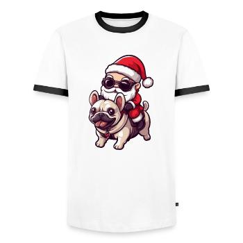 French Buldog Dog Santa Claus Cartoon - Men's Ringer Shirt - white/black - Front - AI Model Female 172 light (172cm) & AI Model Male 178 dark (178cm)