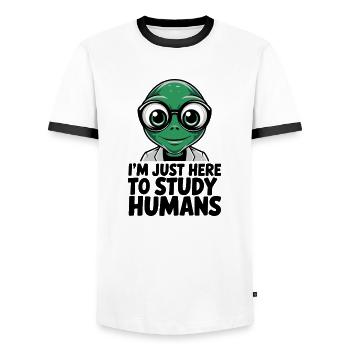 I'm Just Here to Study Humans Alien - Men's Ringer Shirt - white/black - Front - AI Model Female 172 light (172cm) & AI Model Male 178 dark (178cm)