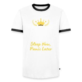 Keep Calm and Sleep Now, Panic Later - T-shirt contrasté Homme - blanc/noir - Devant - AI Model Female 172 light (172cm) & AI Model Male 178 dark (178cm)