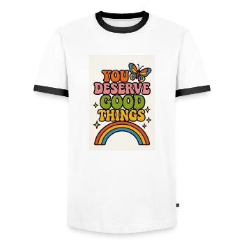You deserve Good Things - Men's Ringer Shirt - white/black - Front - AI Model Female 172 light (172cm) & AI Model Male 178 dark (178cm)