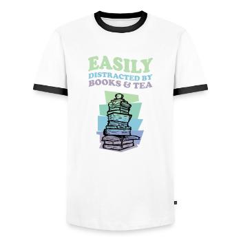 Easily Distracted By Books And Tea Buch Tee Bücher - Männer Kontrast-T-Shirt - Weiß/Schwarz - Vorne - AI Model Female 172 light (172cm) & AI Model Male 178 dark (178cm)