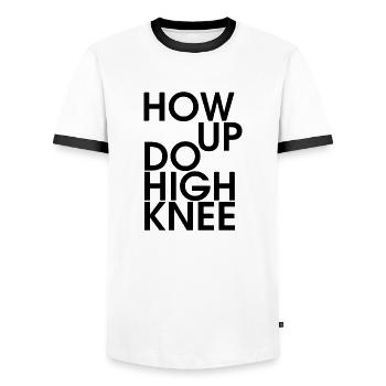 Hau ab du Heini oder How up do high knee - Männer Kontrast-T-Shirt - Weiß/Schwarz - Vorne - AI Model Female 172 light (172cm) & AI Model Male 178 dark (178cm)