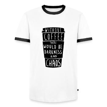 Without coffee, everything sinks into darkness and chaos - Men's Ringer Shirt - white/black - Front - AI Model Female 172 light (172cm) & AI Model Male 178 dark (178cm)