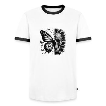 Butterfly and Skull: Mystical Elegance - Men's Ringer Shirt - white/black - Front - AI Model Female 172 light (172cm) & AI Model Male 178 dark (178cm)