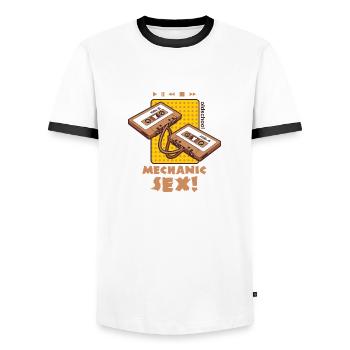 le sexe mécanique, deux cassettes sont enroulés. - T-shirt contrasté Homme - blanc/noir - Devant - AI Model Female 172 light (172cm) & AI Model Male 178 dark (178cm)