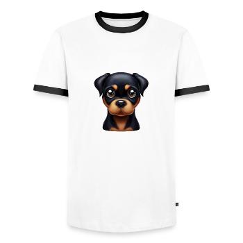 Chiot Rottweiler ludique - T-shirt contrasté Homme - blanc/noir - Devant - AI Model Female 172 light (172cm) & AI Model Male 178 dark (178cm)