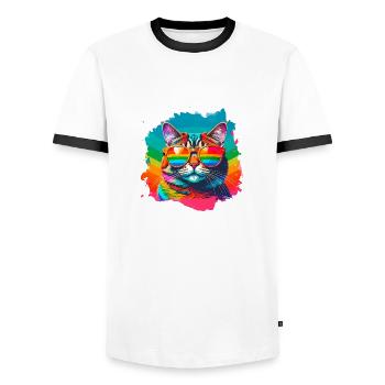 Chat, Lunettes De Soleil, LGTB, Arc-en-ciel, Coloré - T-shirt contrasté Homme - blanc/noir - Devant - AI Model Female 172 light (172cm) & AI Model Male 178 dark (178cm)
