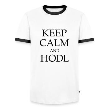 KEEP CALM AND HODL! - Men's Ringer Shirt - white/black - Front - AI Model Female 172 light (172cm) & AI Model Male 178 dark (178cm)