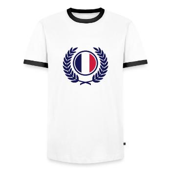 France (flag & laurel wreath) - Men's Ringer Shirt - white/black - Front - AI Model Female 172 light (172cm) & AI Model Male 178 dark (178cm)