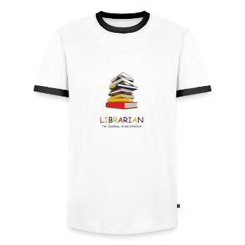 Bücherei Bibliothek Bibliothekar Bibliothekarin - Männer Kontrast-T-Shirt - Weiß/Schwarz - Vorne - AI Model Female 172 light (172cm) & AI Model Male 178 dark (178cm)