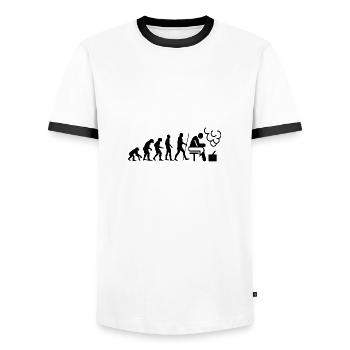 Die Evolution der Sauna als Geschenk - Männer Kontrast-T-Shirt - Weiß/Schwarz - Vorne - AI Model Female 172 light (172cm) & AI Model Male 178 dark (178cm)