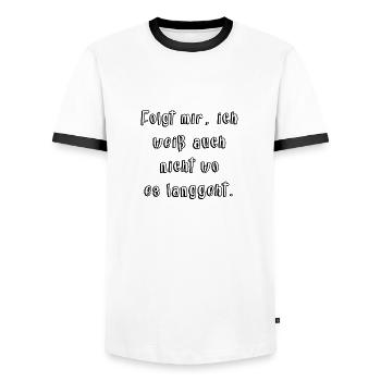 Folgt mir - Ich weiss auch nicht wo es langgeht! - Männer Kontrast-T-Shirt - Weiß/Schwarz - Vorne - AI Model Female 172 light (172cm) & AI Model Male 178 dark (178cm)