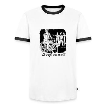 Er weiß, was er will ! - Männer Kontrast-T-Shirt - Weiß/Schwarz - Vorne - AI Model Female 172 light (172cm) & AI Model Male 178 dark (178cm)