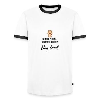 Qu'est-ce que vous appelez un chat sans jambes? - T-shirt contrasté Homme - blanc/noir - Devant - AI Model Female 172 light (172cm) & AI Model Male 178 dark (178cm)