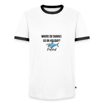 Où les requins vont en vacances? - T-shirt contrasté Homme - blanc/noir - Devant - AI Model Female 172 light (172cm) & AI Model Male 178 dark (178cm)