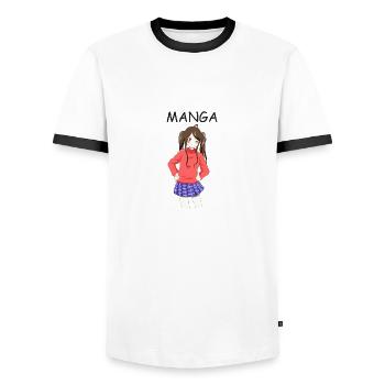 Anime girl 02 texte "Manga" - T-shirt contrasté Homme - blanc/noir - Devant - AI Model Female 172 light (172cm) & AI Model Male 178 dark (178cm)