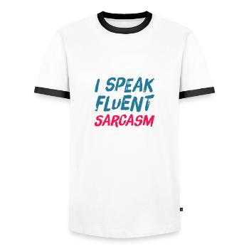 Je parle couramment SARCARASM - sarcastique ironique - T-shirt contrasté Homme - blanc/noir - Devant - AI Model Female 172 light (172cm) & AI Model Male 178 dark (178cm)