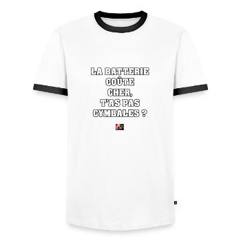 LA BATTERIE COÛTE CHER, T'AS PAS CYMBALES ? - T-shirt contrasté Homme - blanc/noir - Devant - AI Model Female 172 light (172cm) & AI Model Male 178 dark (178cm)
