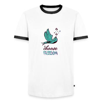 choose freedom, Schwalbe, Freiheit,Vogel, Freiheit - Männer Kontrast-T-Shirt - Weiß/Schwarz - Vorne - AI Model Female 172 light (172cm) & AI Model Male 178 dark (178cm)
