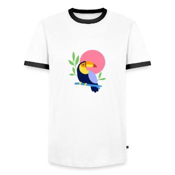 Bunter Tukan im Design "Farbenfroher Federfreund" - Männer Kontrast-T-Shirt - Weiß/Schwarz - Vorne - AI Model Female 172 light (172cm) & AI Model Male 178 dark (178cm)