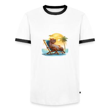 sunbathing hippo on the beach in a deck chair - Men's Ringer Shirt - white/black - Front - AI Model Female 172 light (172cm) & AI Model Male 178 dark (178cm)