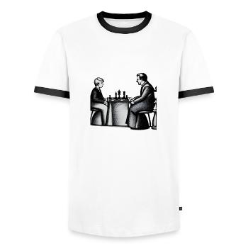 Family Game Chess - Father and Son - Men's Ringer Shirt - white/black - Front - AI Model Female 172 light (172cm) & AI Model Male 178 dark (178cm)
