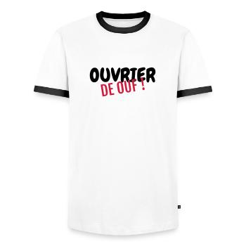 manoeuvre / chantier / bâtiment / ouvrier - T-shirt contrasté Homme - blanc/noir - Devant - AI Model Female 172 light (172cm) & AI Model Male 178 dark (178cm)