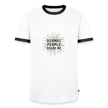 PEOPLE: Normal people scare me - Men's Ringer Shirt - white/black - Front - AI Model Female 172 light (172cm) & AI Model Male 178 dark (178cm)