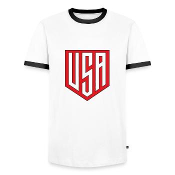 United States - Men's Ringer Shirt - white/black - Front - AI Model Female 172 light (172cm) & AI Model Male 178 dark (178cm)