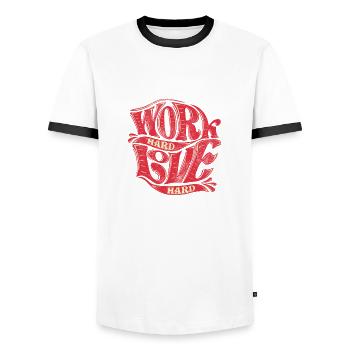 Typographie de lettrage Work Hard Love Hard Design - T-shirt contrasté Homme - blanc/noir - Devant - AI Model Female 172 light (172cm) & AI Model Male 178 dark (178cm)