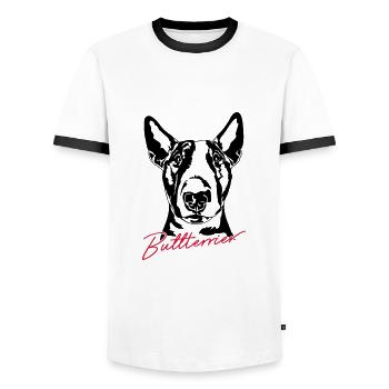 BULL TERRIER dog dogs Wilsigns - Men's Ringer Shirt - white/black - Front - AI Model Female 172 light (172cm) & AI Model Male 178 dark (178cm)