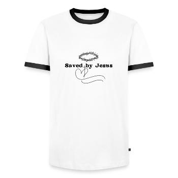 Redeemed by Faith: Saved by Jesus Collection - Men's Ringer Shirt - white/black - Front - AI Model Female 172 light (172cm) & AI Model Male 178 dark (178cm)