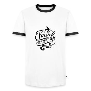 Travel addict - Men's Ringer Shirt - white/black - Front - AI Model Female 172 light (172cm) & AI Model Male 178 dark (178cm)