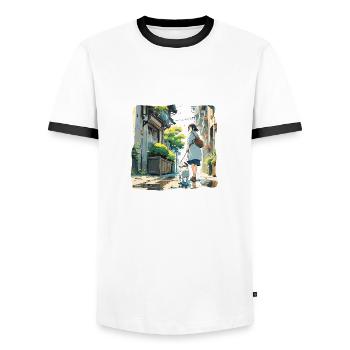 Anime / Comic / Japanese / Animation / Cartoon - Men's Ringer Shirt - white/black - Front - AI Model Female 172 light (172cm) & AI Model Male 178 dark (178cm)