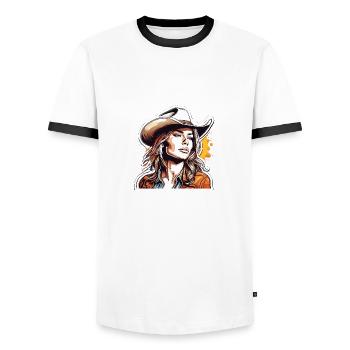 Cow Girl / Wilde Westen / Wüste / Lasso / Rodeo - Männer Kontrast-T-Shirt - Weiß/Schwarz - Vorne - AI Model Female 172 light (172cm) & AI Model Male 178 dark (178cm)