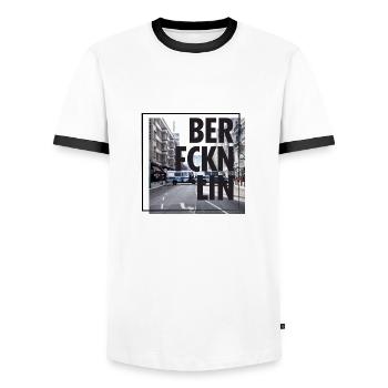 BER.FCKN.LIN square - Männer Kontrast-T-Shirt - Weiß/Schwarz - Vorne - AI Model Female 172 light (172cm) & AI Model Male 178 dark (178cm)