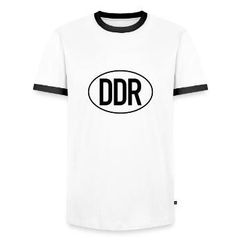 Plaque d’immatriculation DDR (monochrome) - T-shirt contrasté Homme - blanc/noir - Devant - AI Model Female 172 light (172cm) & AI Model Male 178 dark (178cm)