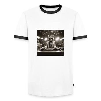 Chat / Animal / Photo / Sépia / Rétro / Vintage / DJ - T-shirt contrasté Homme - blanc/noir - Devant - AI Model Female 172 light (172cm) & AI Model Male 178 dark (178cm)