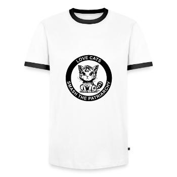 LOVE CATS SMASH THE PATRIARCHY - Men's Ringer Shirt - white/black - Front - AI Model Female 172 light (172cm) & AI Model Male 178 dark (178cm)