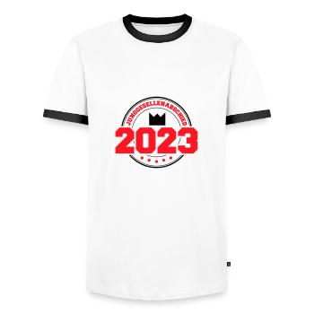 JGA 2023 - Bräutigam - Junggesellenabschied Krone - Männer Kontrast-T-Shirt - Weiß/Schwarz - Vorne - AI Model Female 172 light (172cm) & AI Model Male 178 dark (178cm)