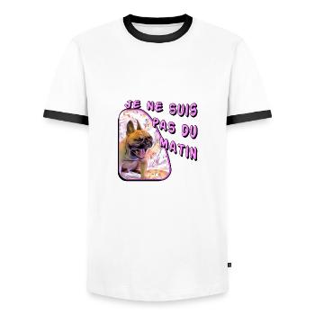 Le Bouledogue Français, ce n’est pas du matin (x1) - T-shirt contrasté Homme - blanc/noir - Devant - AI Model Female 172 light (172cm) & AI Model Male 178 dark (178cm)