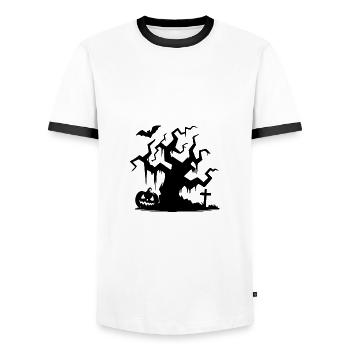 Halloween Spukbaum mit Kürbis und Fledermaus - Männer Kontrast-T-Shirt - Weiß/Schwarz - Vorne - AI Model Female 172 light (172cm) & AI Model Male 178 dark (178cm)
