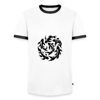 Viele Koi Karpfen die im Kreis schwimmen - Männer Kontrast-T-Shirt - Weiß/Schwarz - Vorne - AI Model Female 172 light (172cm) & AI Model Male 178 dark (178cm)