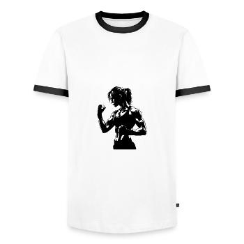 Muskulöse Boxerin im Schattenstil starker Ausdruck - Männer Kontrast-T-Shirt - Weiß/Schwarz - Vorne - AI Model Female 172 light (172cm) & AI Model Male 178 dark (178cm)